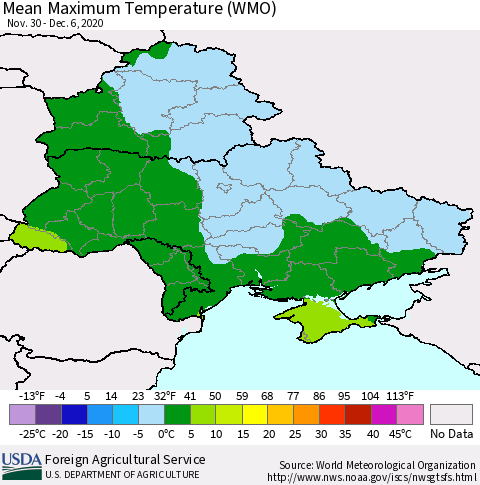 Ukraine, Moldova and Belarus Maximum Temperature (WMO) Thematic Map For 11/30/2020 - 12/6/2020