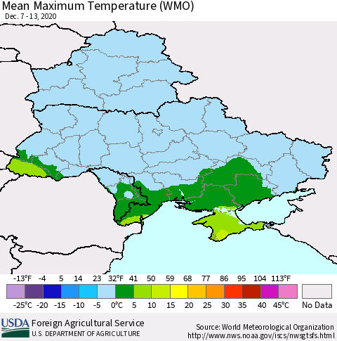Ukraine, Moldova and Belarus Maximum Temperature (WMO) Thematic Map For 12/7/2020 - 12/13/2020