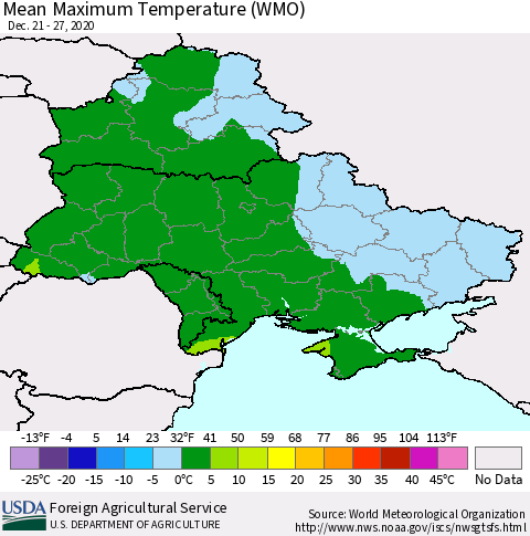 Ukraine, Moldova and Belarus Maximum Temperature (WMO) Thematic Map For 12/21/2020 - 12/27/2020