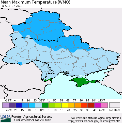 Ukraine, Moldova and Belarus Maximum Temperature (WMO) Thematic Map For 1/11/2021 - 1/17/2021