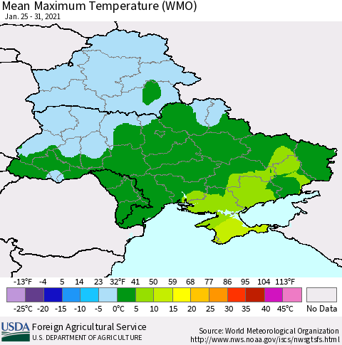 Ukraine, Moldova and Belarus Maximum Temperature (WMO) Thematic Map For 1/25/2021 - 1/31/2021