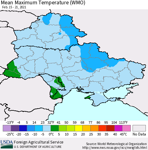 Ukraine, Moldova and Belarus Maximum Temperature (WMO) Thematic Map For 2/15/2021 - 2/21/2021