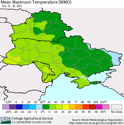 Ukraine, Moldova and Belarus Maximum Temperature (WMO) Thematic Map For 2/22/2021 - 2/28/2021