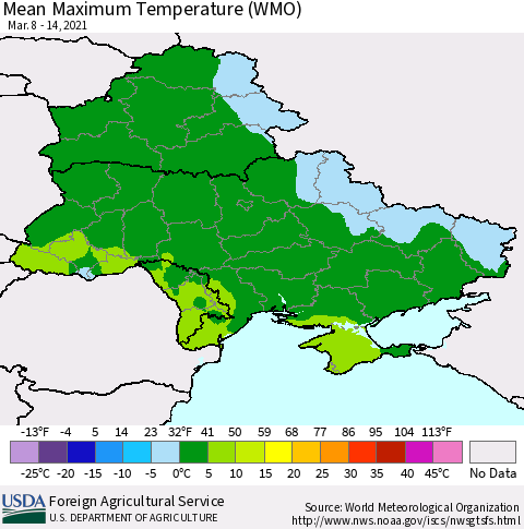 Ukraine, Moldova and Belarus Maximum Temperature (WMO) Thematic Map For 3/8/2021 - 3/14/2021