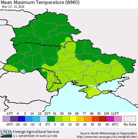 Ukraine, Moldova and Belarus Maximum Temperature (WMO) Thematic Map For 3/15/2021 - 3/21/2021