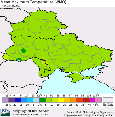 Ukraine, Moldova and Belarus Maximum Temperature (WMO) Thematic Map For 3/22/2021 - 3/28/2021