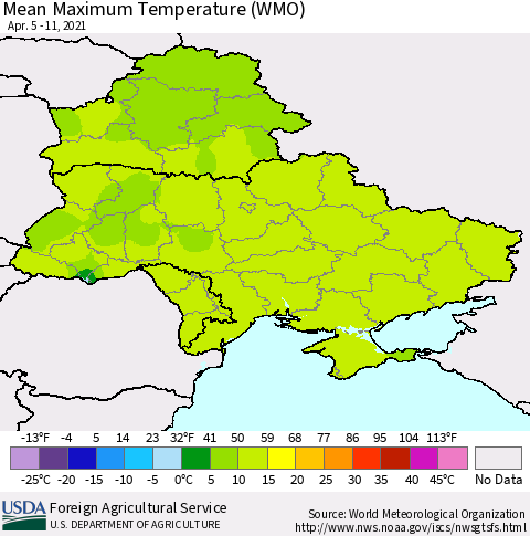 Ukraine, Moldova and Belarus Maximum Temperature (WMO) Thematic Map For 4/5/2021 - 4/11/2021
