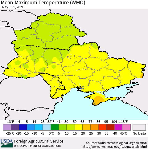 Ukraine, Moldova and Belarus Maximum Temperature (WMO) Thematic Map For 5/3/2021 - 5/9/2021