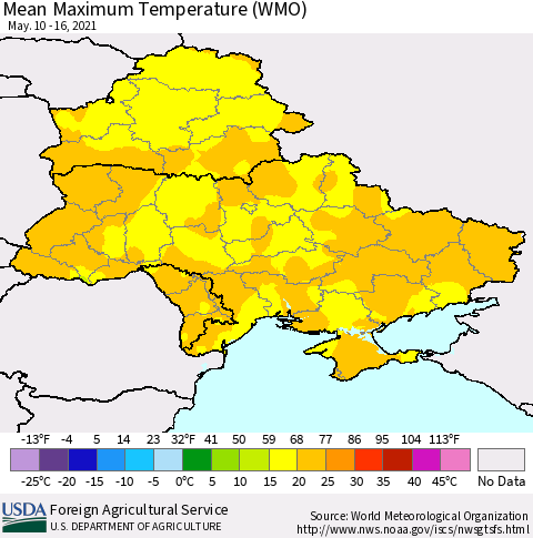 Ukraine, Moldova and Belarus Maximum Temperature (WMO) Thematic Map For 5/10/2021 - 5/16/2021