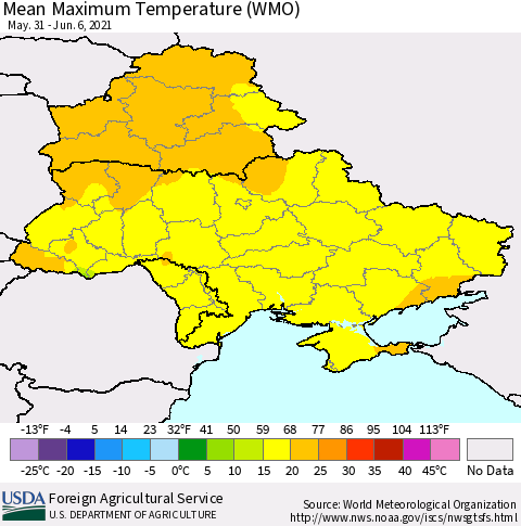 Ukraine, Moldova and Belarus Maximum Temperature (WMO) Thematic Map For 5/31/2021 - 6/6/2021
