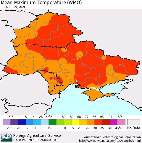 Ukraine, Moldova and Belarus Maximum Temperature (WMO) Thematic Map For 6/21/2021 - 6/27/2021