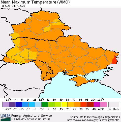 Ukraine, Moldova and Belarus Maximum Temperature (WMO) Thematic Map For 6/28/2021 - 7/4/2021