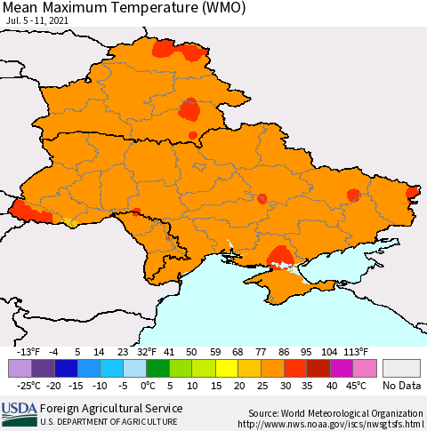 Ukraine, Moldova and Belarus Maximum Temperature (WMO) Thematic Map For 7/5/2021 - 7/11/2021