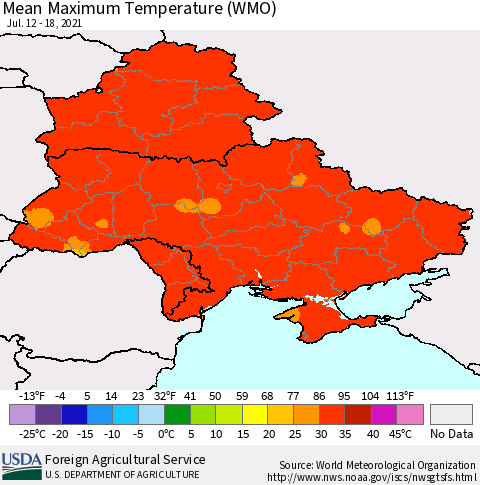 Ukraine, Moldova and Belarus Maximum Temperature (WMO) Thematic Map For 7/12/2021 - 7/18/2021