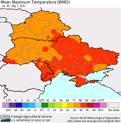 Ukraine, Moldova and Belarus Maximum Temperature (WMO) Thematic Map For 7/26/2021 - 8/1/2021