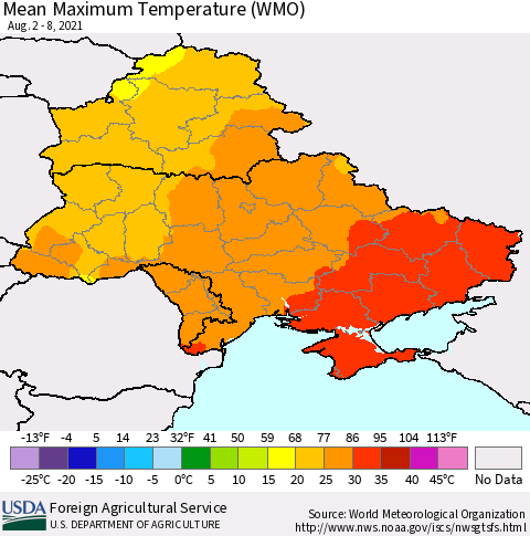 Ukraine, Moldova and Belarus Maximum Temperature (WMO) Thematic Map For 8/2/2021 - 8/8/2021
