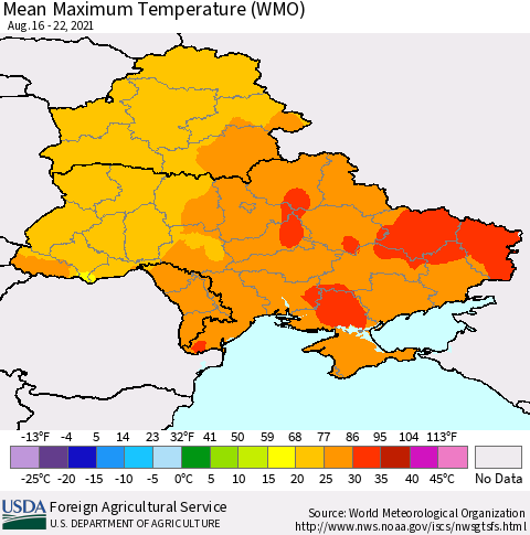 Ukraine, Moldova and Belarus Maximum Temperature (WMO) Thematic Map For 8/16/2021 - 8/22/2021