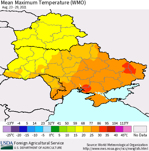 Ukraine, Moldova and Belarus Maximum Temperature (WMO) Thematic Map For 8/23/2021 - 8/29/2021