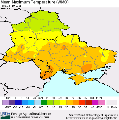 Ukraine, Moldova and Belarus Maximum Temperature (WMO) Thematic Map For 9/13/2021 - 9/19/2021
