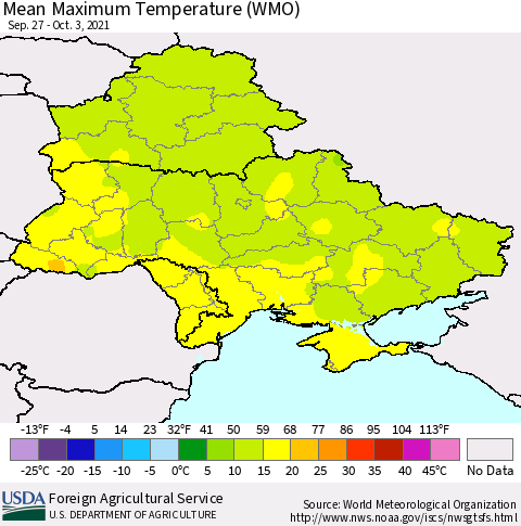 Ukraine, Moldova and Belarus Maximum Temperature (WMO) Thematic Map For 9/27/2021 - 10/3/2021