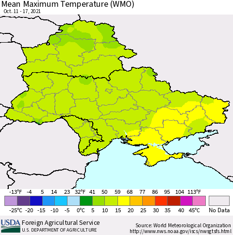 Ukraine, Moldova and Belarus Maximum Temperature (WMO) Thematic Map For 10/11/2021 - 10/17/2021