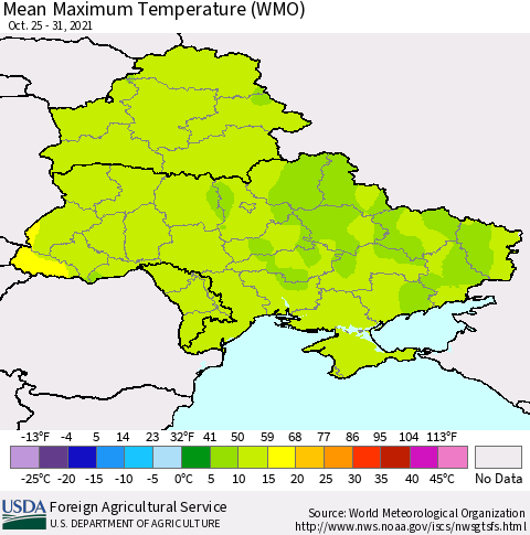 Ukraine, Moldova and Belarus Maximum Temperature (WMO) Thematic Map For 10/25/2021 - 10/31/2021