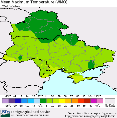 Ukraine, Moldova and Belarus Maximum Temperature (WMO) Thematic Map For 11/8/2021 - 11/14/2021