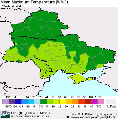 Ukraine, Moldova and Belarus Maximum Temperature (WMO) Thematic Map For 11/22/2021 - 11/28/2021