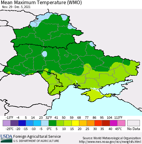 Ukraine, Moldova and Belarus Maximum Temperature (WMO) Thematic Map For 11/29/2021 - 12/5/2021