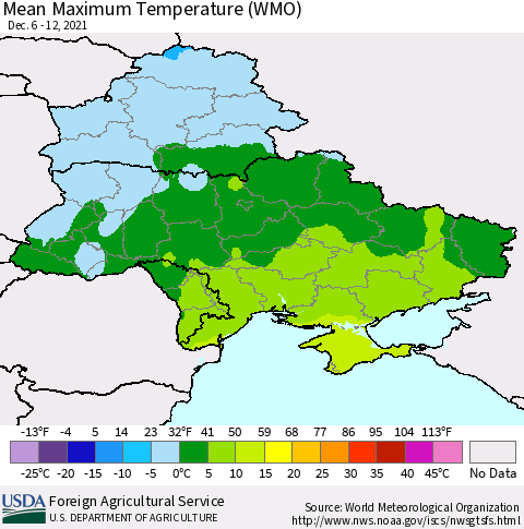 Ukraine, Moldova and Belarus Maximum Temperature (WMO) Thematic Map For 12/6/2021 - 12/12/2021