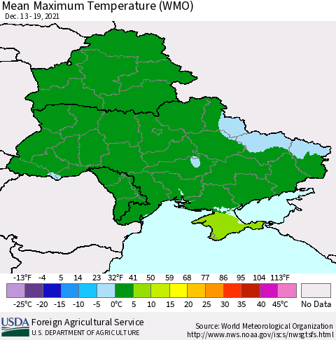 Ukraine, Moldova and Belarus Maximum Temperature (WMO) Thematic Map For 12/13/2021 - 12/19/2021