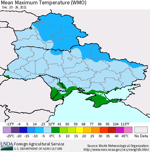 Ukraine, Moldova and Belarus Maximum Temperature (WMO) Thematic Map For 12/20/2021 - 12/26/2021