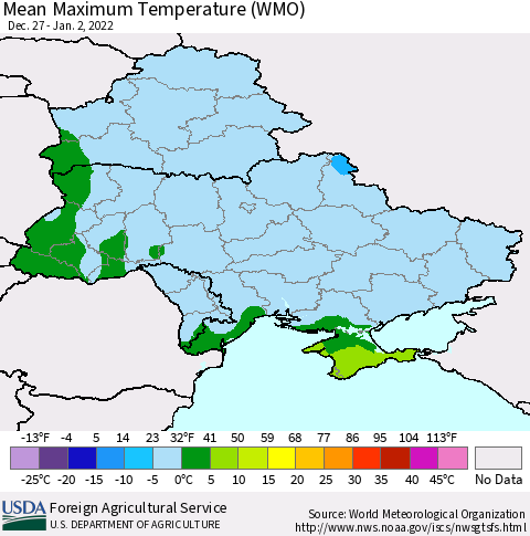 Ukraine, Moldova and Belarus Maximum Temperature (WMO) Thematic Map For 12/27/2021 - 1/2/2022
