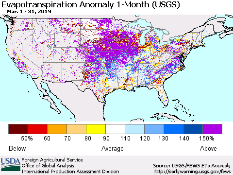 United States Evapotranspiration Anomaly 1-Month (USGS) Thematic Map For 3/1/2019 - 3/31/2019
