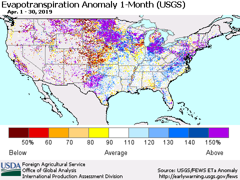 United States Evapotranspiration Anomaly 1-Month (USGS) Thematic Map For 4/1/2019 - 4/30/2019