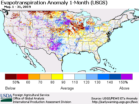 United States Evapotranspiration Anomaly 1-Month (USGS) Thematic Map For 5/1/2019 - 5/31/2019