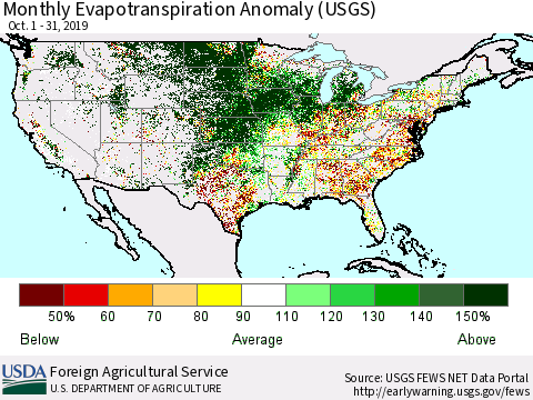 United States Evapotranspiration Anomaly 1-Month (USGS) Thematic Map For 10/1/2019 - 10/31/2019