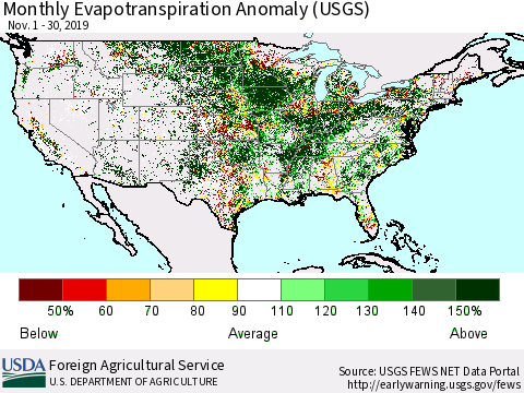 United States Monthly Actual Evapotranspiration Anomaly (USGS) Thematic Map For 11/1/2019 - 11/30/2019