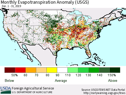 United States Monthly Actual Evapotranspiration Anomaly (USGS) Thematic Map For 12/1/2019 - 12/31/2019