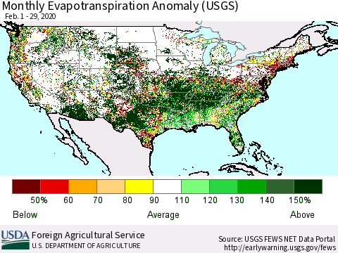 United States Monthly Actual Evapotranspiration Anomaly (USGS) Thematic Map For 2/1/2020 - 2/29/2020