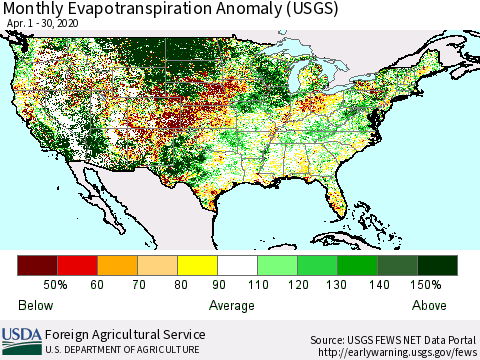 United States Monthly Actual Evapotranspiration Anomaly (USGS) Thematic Map For 4/1/2020 - 4/30/2020