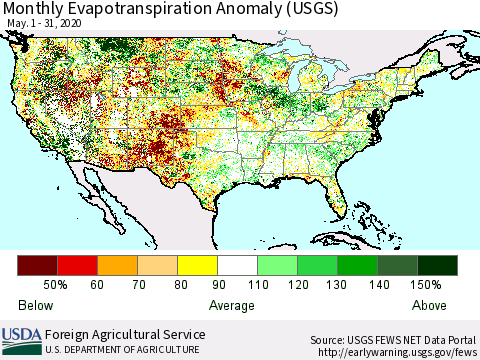 United States Evapotranspiration Anomaly 1-Month (USGS) Thematic Map For 5/1/2020 - 5/31/2020