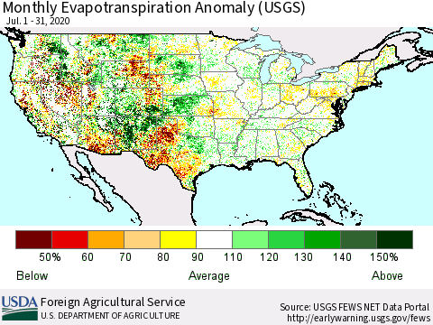 United States Monthly Actual Evapotranspiration Anomaly (USGS) Thematic Map For 7/1/2020 - 7/31/2020