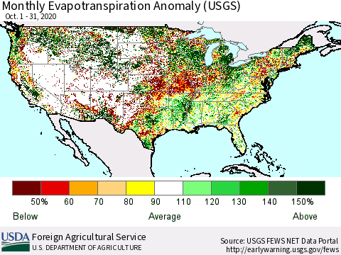 United States Evapotranspiration Anomaly 1-Month (USGS) Thematic Map For 10/1/2020 - 10/31/2020