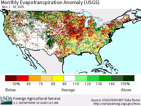United States Monthly Actual Evapotranspiration Anomaly (USGS) Thematic Map For 11/1/2020 - 11/30/2020