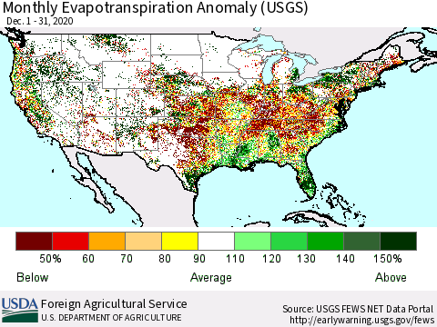United States Monthly Actual Evapotranspiration Anomaly (USGS) Thematic Map For 12/1/2020 - 12/31/2020
