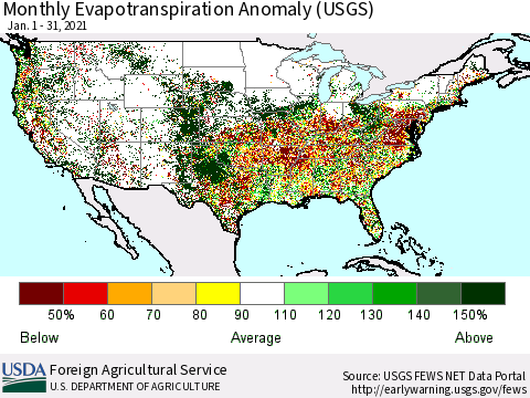 United States Monthly Actual Evapotranspiration Anomaly (USGS) Thematic Map For 1/1/2021 - 1/31/2021