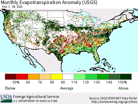 United States Evapotranspiration Anomaly 1-Month (USGS) Thematic Map For 2/1/2021 - 2/28/2021
