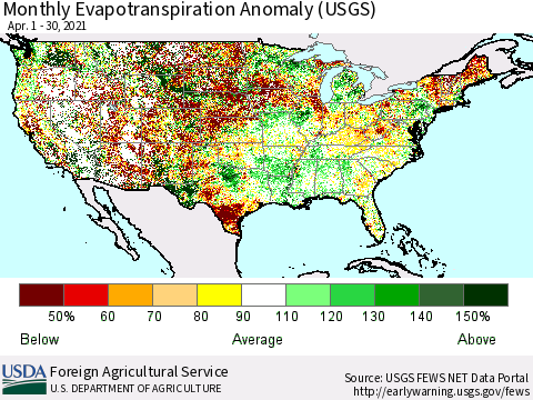United States Monthly Actual Evapotranspiration Anomaly (USGS) Thematic Map For 4/1/2021 - 4/30/2021