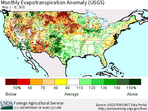 United States Evapotranspiration Anomaly 1-Month (USGS) Thematic Map For 5/1/2021 - 5/31/2021
